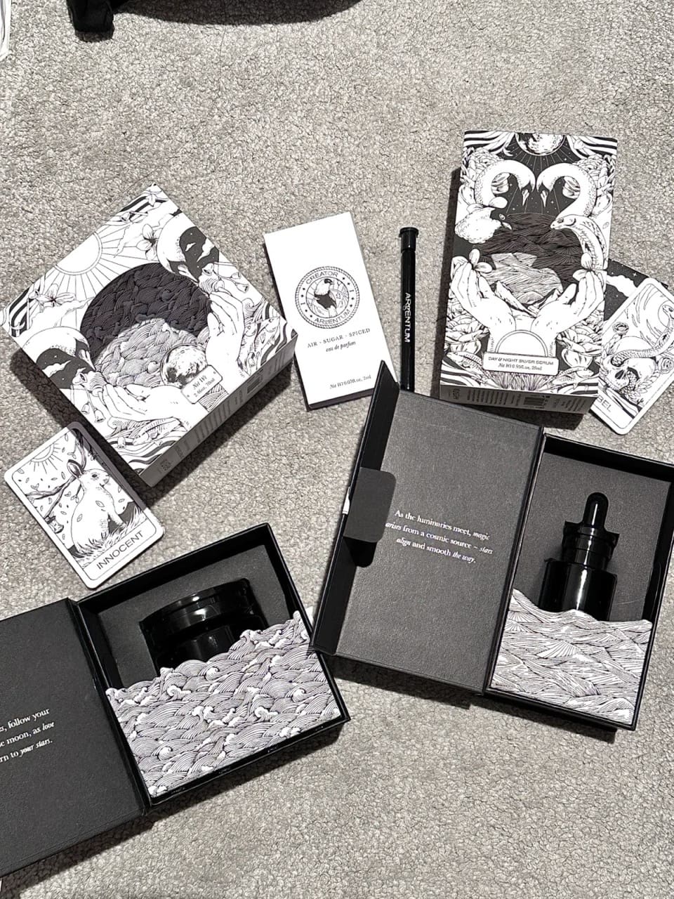 Argentum Apothecary products laid out on floor for Chinese marketing campaign