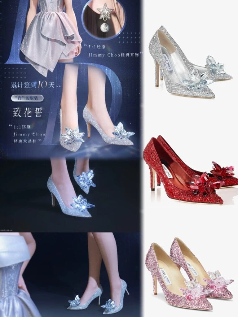 Poster with Jimmy Choo crystal shoe x Love and Deepspace collaboration in white, pink, and red crystal colours